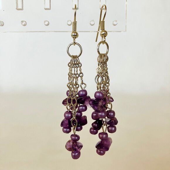 Purple Beaded Earrings Silvertone Metal Chain Handcrafted Unique Dangle New Gift - Picture 5 of 7
